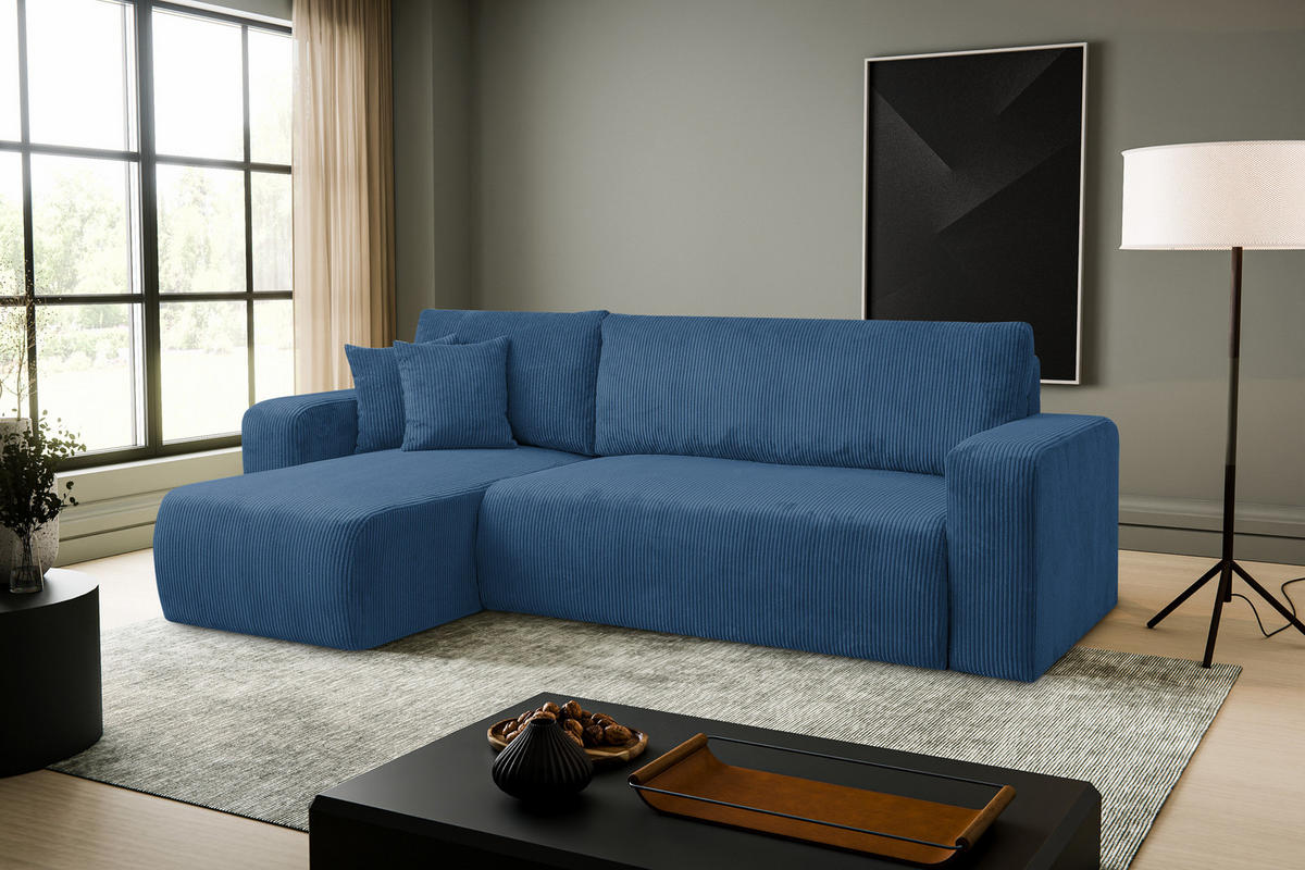 ECKSOFA LUNA mit Schlaffunktion und Bettkasten Cord-Stofff (Blau) - Blau, Textil (244/142cm) - VENASI MÖBEL