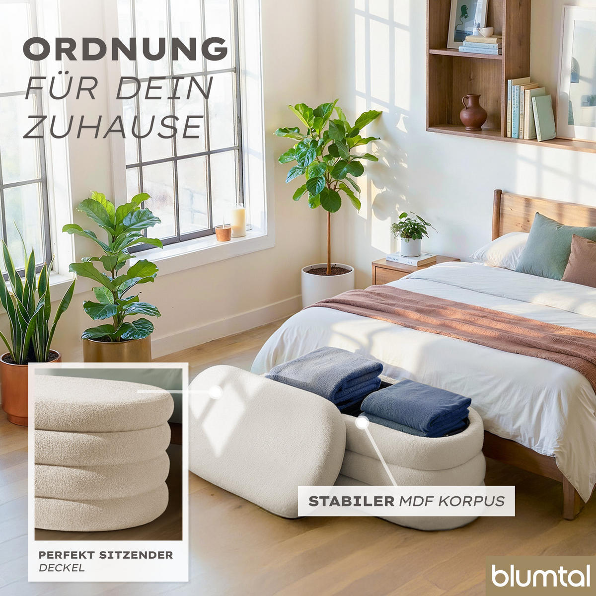 XL Sitzbank mit Stauraum Oval – Bouclé Truhenbank Creme - Beige, Textil (45/42.5/110cm) - Blumtal