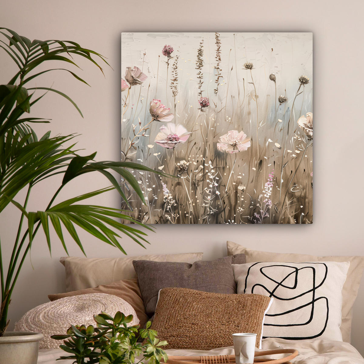 LEINWANDBILD Blumen - Rosa - Modern - Beige 90x90 cm - Beige, Textil (90/90cm) - MuchoWow