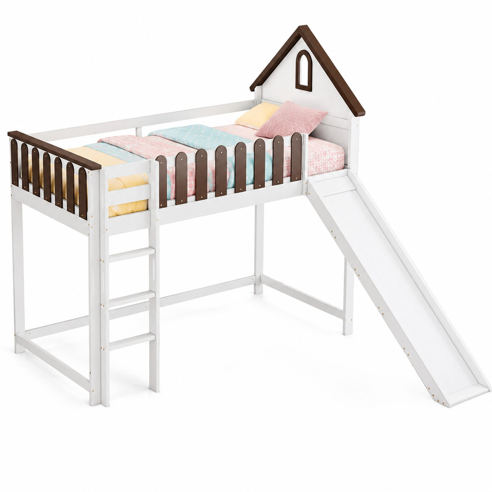 HOCHBETT 90/200 mit Rutsche, Hausdach und 3-stufiger Leiter in Weiß und Walnuss - Weiß, Holzwerkstoff (90/200cm) - EVRYAE