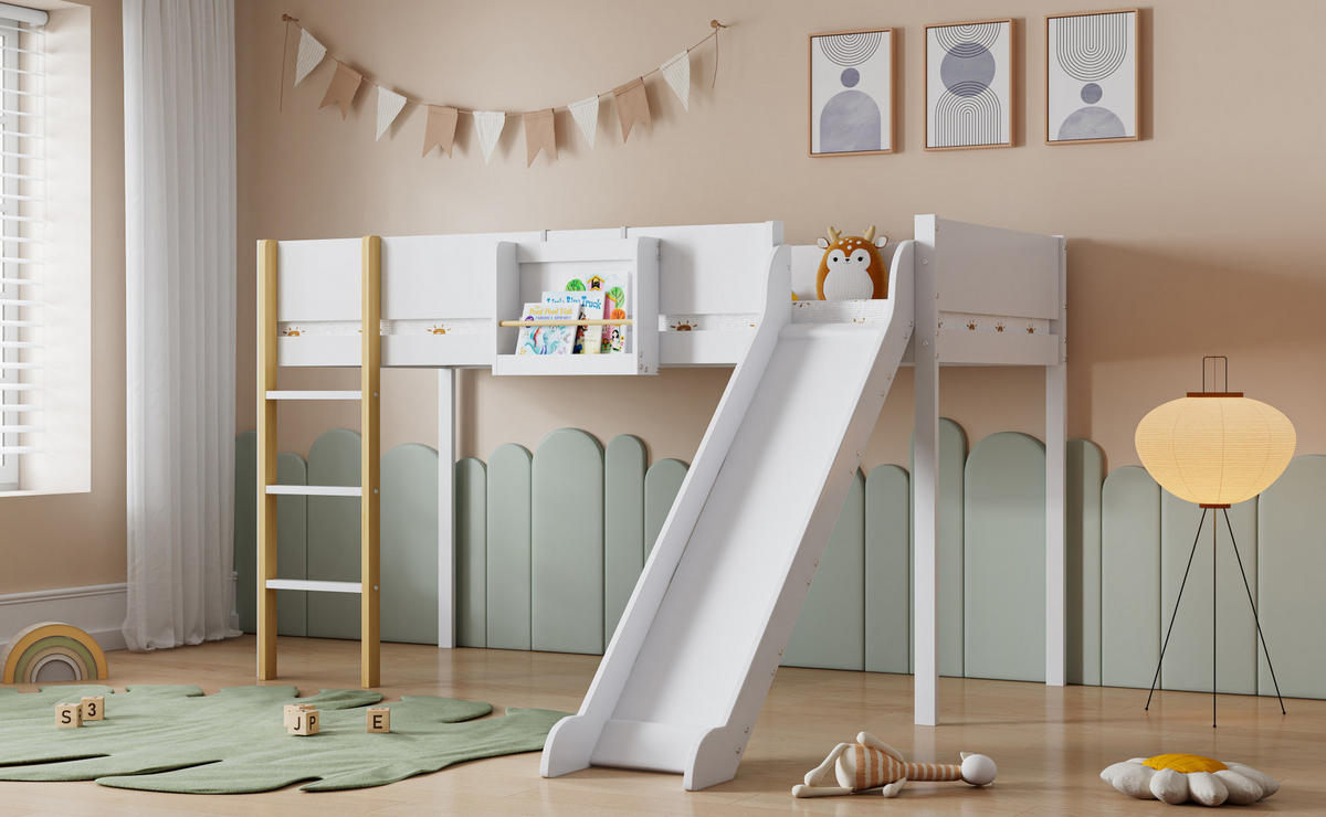 HOCHBETT mit Rutsche, dreistufiger Leiter, 90/200 cm, Weiß/Natur - Weiß, Holz (90/200cm) - MIVRAY