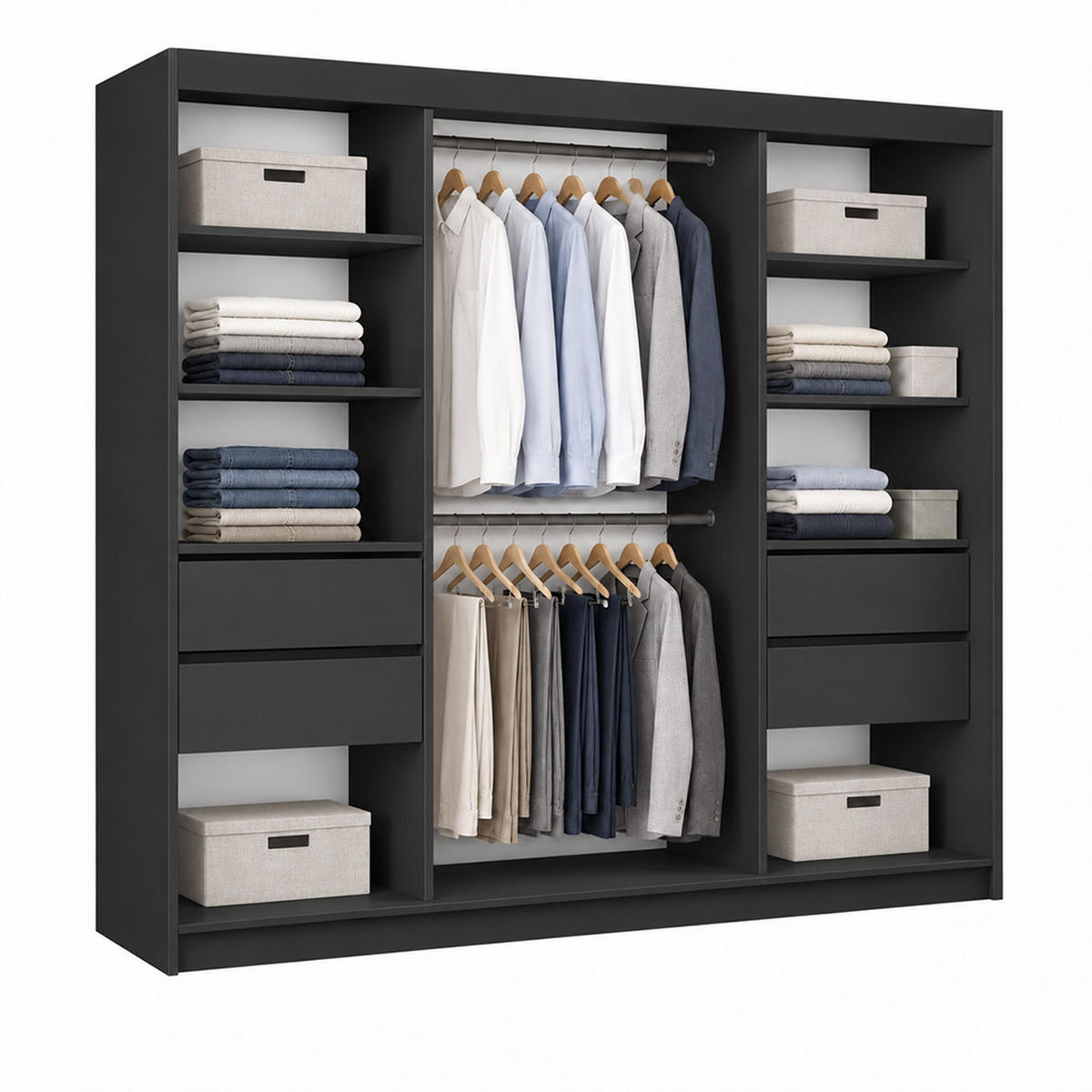 KLEIDERSCHRANK Malika 200 cm Schwarz Spiegel 2 Schubl. Griffe silber - Schwarz, Holzwerkstoff (200/216/61cm) - KS Home Concept