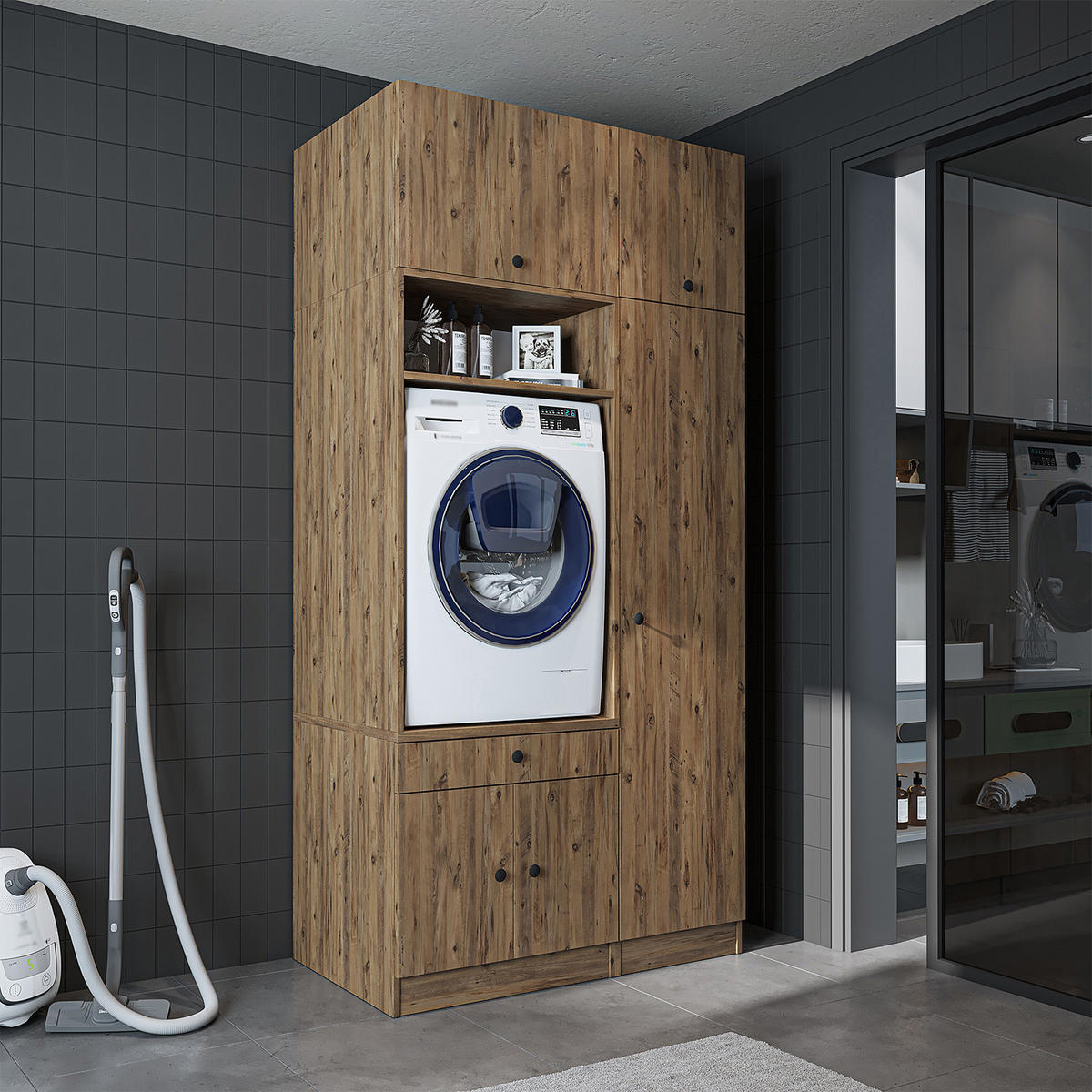 WASCHMASCHINENSCHRANK Serie 1 112cm Breit, 230cm Hoch - Eichefarben, Holzwerkstoff (112/230/67cm)