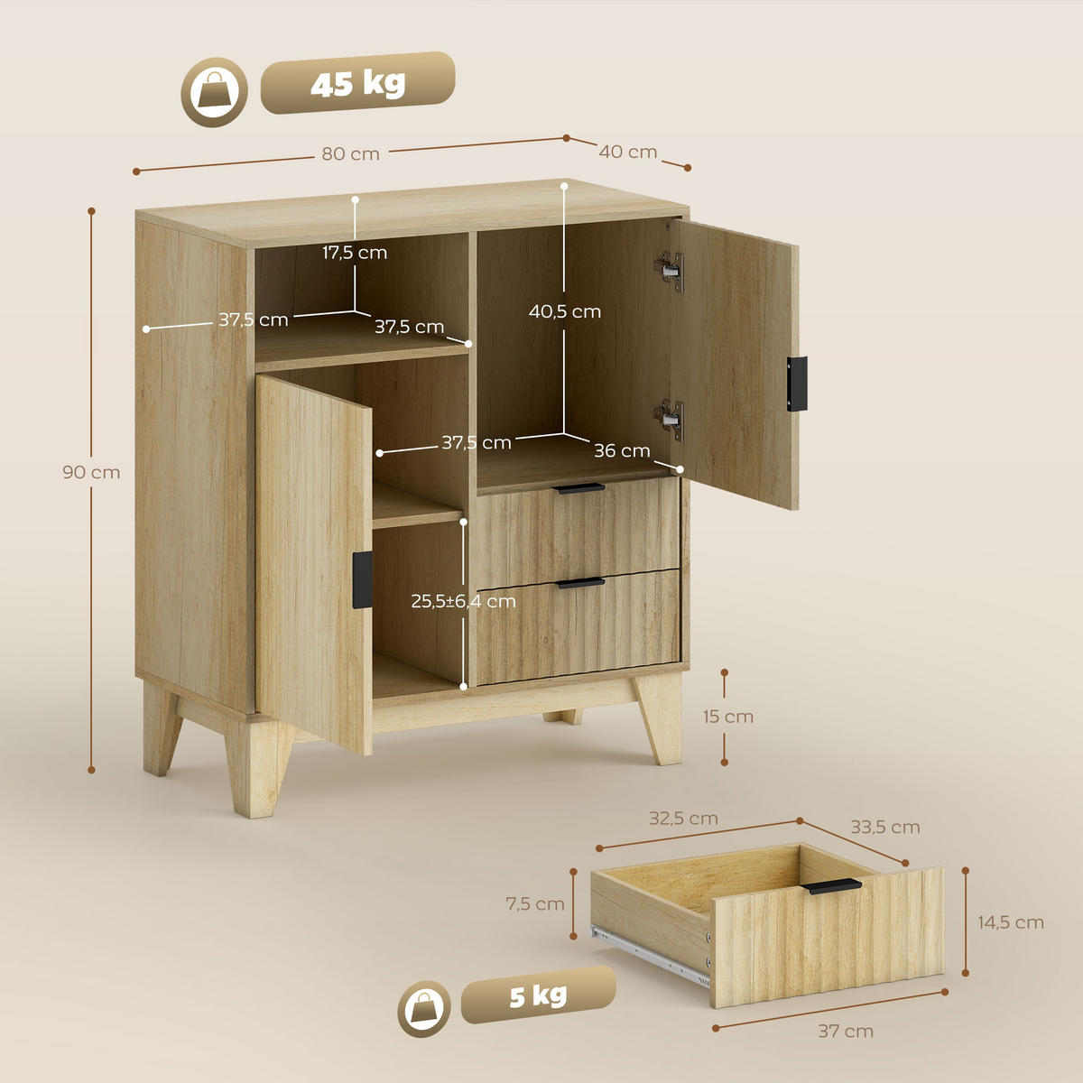 SIDEBOARD Naturfarben, 2 Türen, 2 Schubladen, 80/40/90 cm - Naturfarben, Holz (80/90/40cm) - PANGIVO