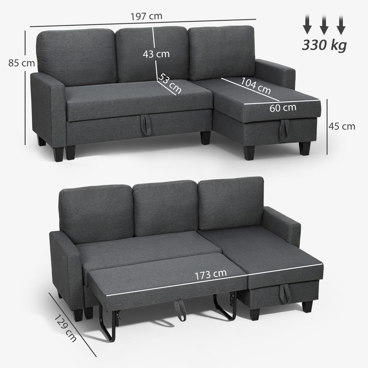 ECKSOFA-MIT-SCHLAFFUNKTION Polyetser Dunkelgrau - Dunkelgrau/Schwarz, Kunststoff/Textil (129/197cm) - HOMCOM