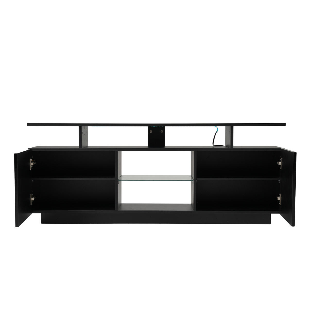 TV-SCHRANK aus Spanplatte 140x35x55 cm Schwarz mit LED-Beleuchtung, 2 Hochglanz-Türen und 5 offenen Fächern - Schwarz, Holzwerkstoff (140/55/35cm) - Modfu