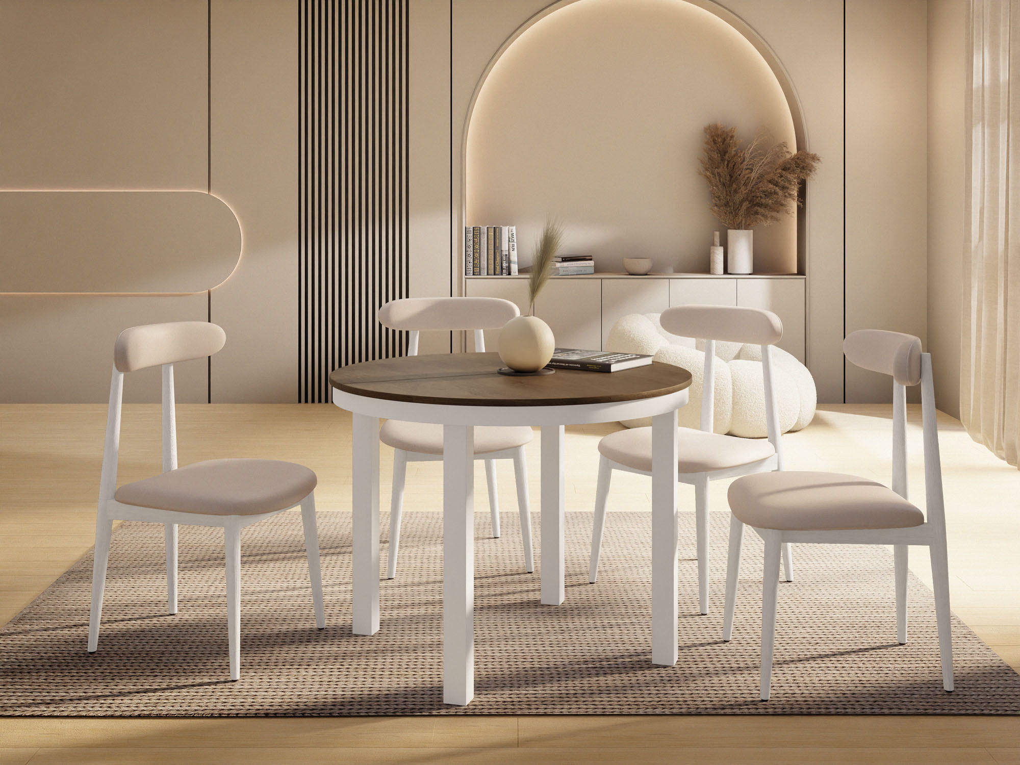 ESSTISCH Rowan Weiß runder ausziehbarer, Lefkas Eiche 100-176/100/76 cm - Alteiche/Weiß, Holzwerkstoff/Metall (100/100/76cm) - WFL GROUP