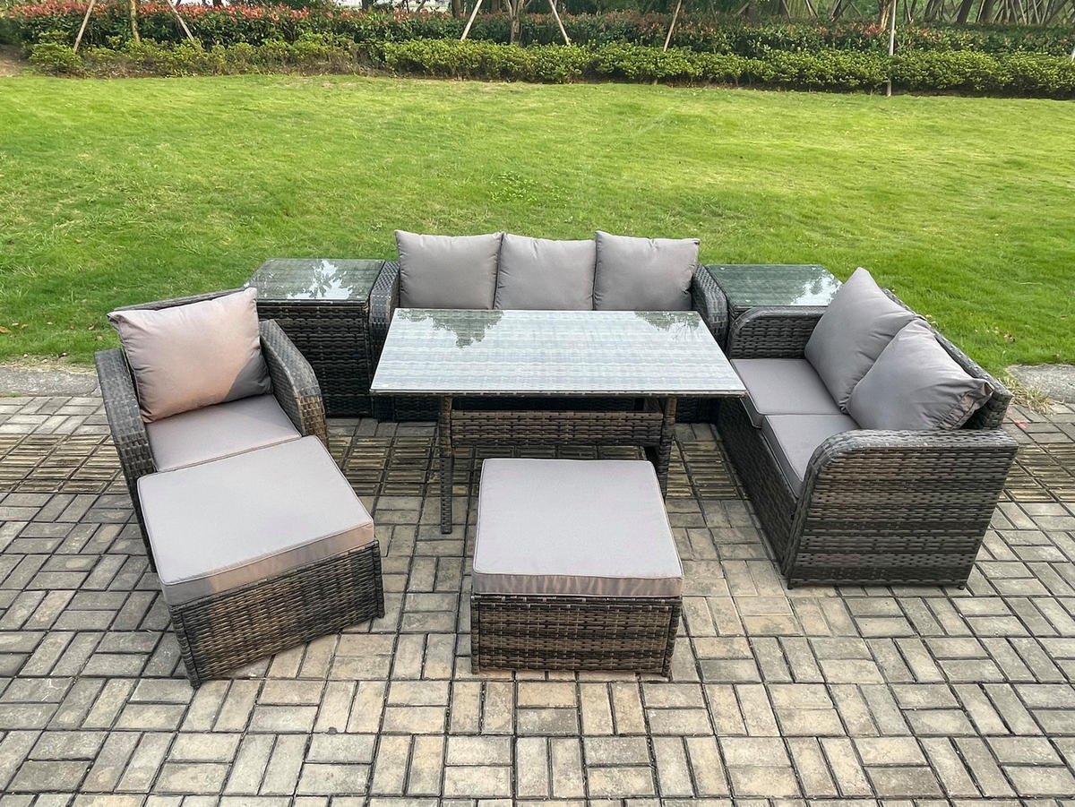 GARTENTISCHGRUPPE mit Liegestuhl,2 Hocker,2 Beistelltischen Polyrattan 8-Sitzer - Dunkelgrau/Grau, Glas/Kunststoff - Fimous