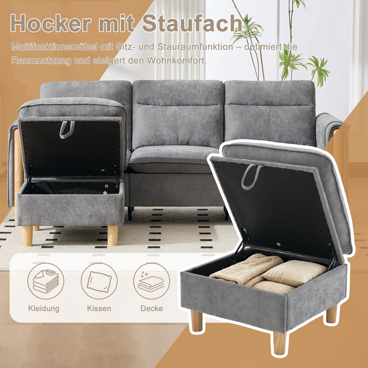 ECKSOFA 201/110/86 cm Hellgrau mit Aufbewahrungshocker und Seitentaschen - Hellgrau/Grau, Holz/Textil (201/110cm) - Oxeza