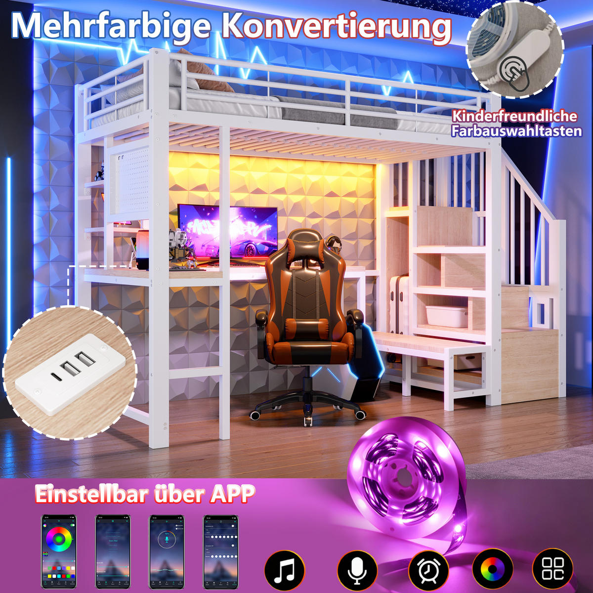HOCHBETT 90/200 cm Weiß mit Schreibtisch, trapezförmiger Schrank und LED-Beleuchtung - Weiß, Metall (90/200cm) - Oxeza