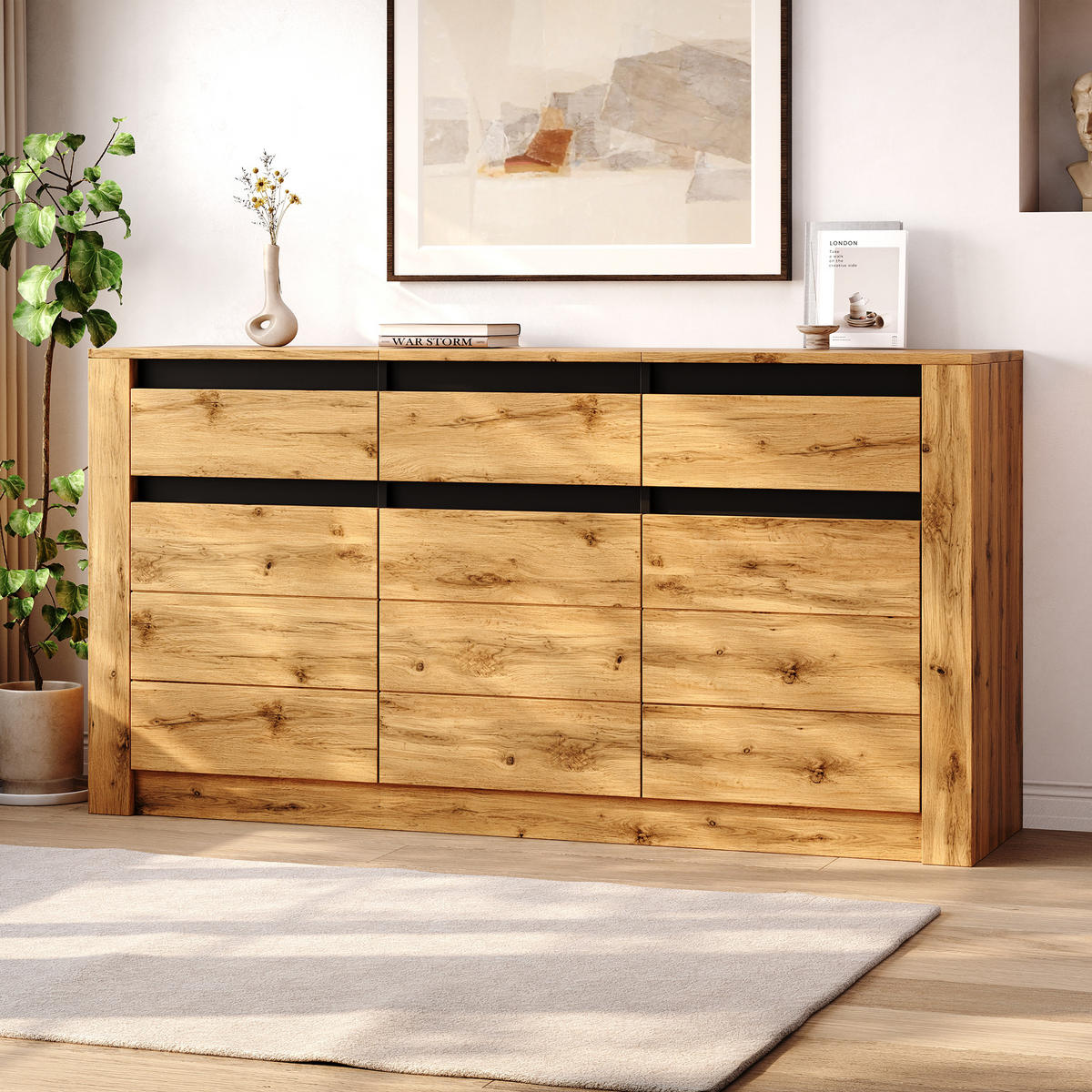 SIDEBOARD Wellenoptik 3 Schubladen 9 Fächer 135cm Naturholz - Naturfarben, Holzwerkstoff (135/70/35cm) - FLIEKS