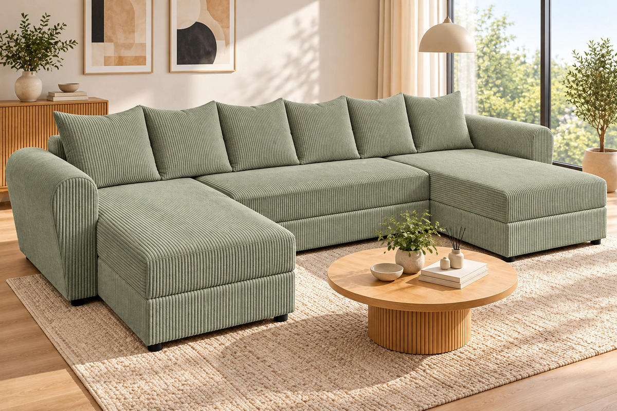 WOHNLANDSCHAFT PUMA U 308 cm – Cord Sofa in U-Form mit Schlaffunktion, Bettkasten und weichem Cordbezug - Pastellgrün/Schwarz, Kunststoff (308/85/140cm)