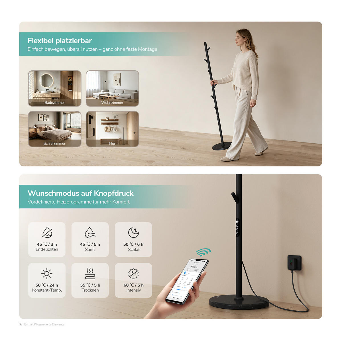 HANDTUCHHALTER elektrisch Standmodell in Baumform mit LED Touch Display/App-Steuerung Schwarz 150/32 cm - Schwarz, Metall (32/150/32cm) - EMKE