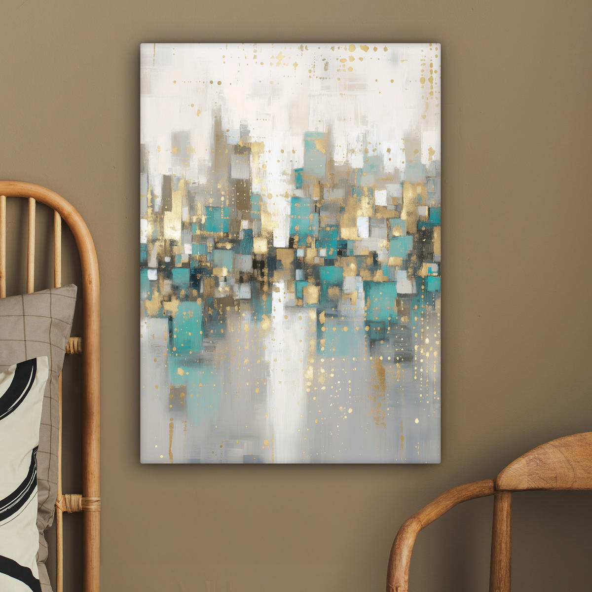 LEINWANDBILD Abstrakt - Blöcke - Gold - Skyline Wandbild Wohnzimmer 60x80 cm - Beige, Textil (60/80cm) - MuchoWow