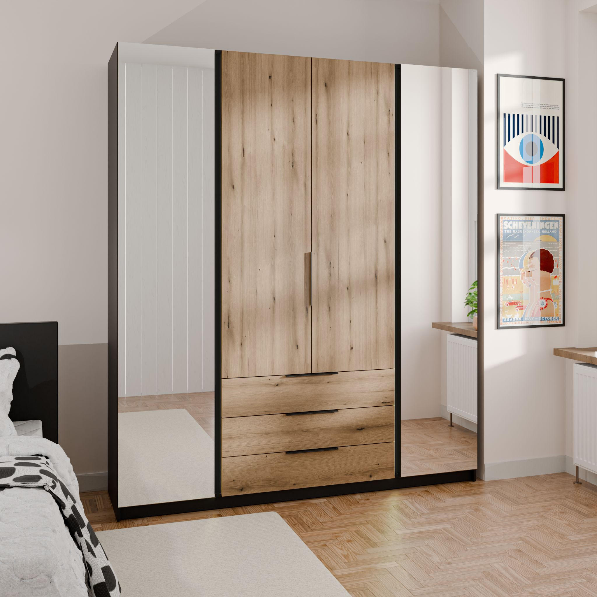 DREHTÜRENSCHRANK CAGLIARI 200/239/61,9cm 4-türig mit Spiegel Schwarz - Goldfarben/Schwarz, Holzwerkstoff (200/239/61.9cm) - MASSENO