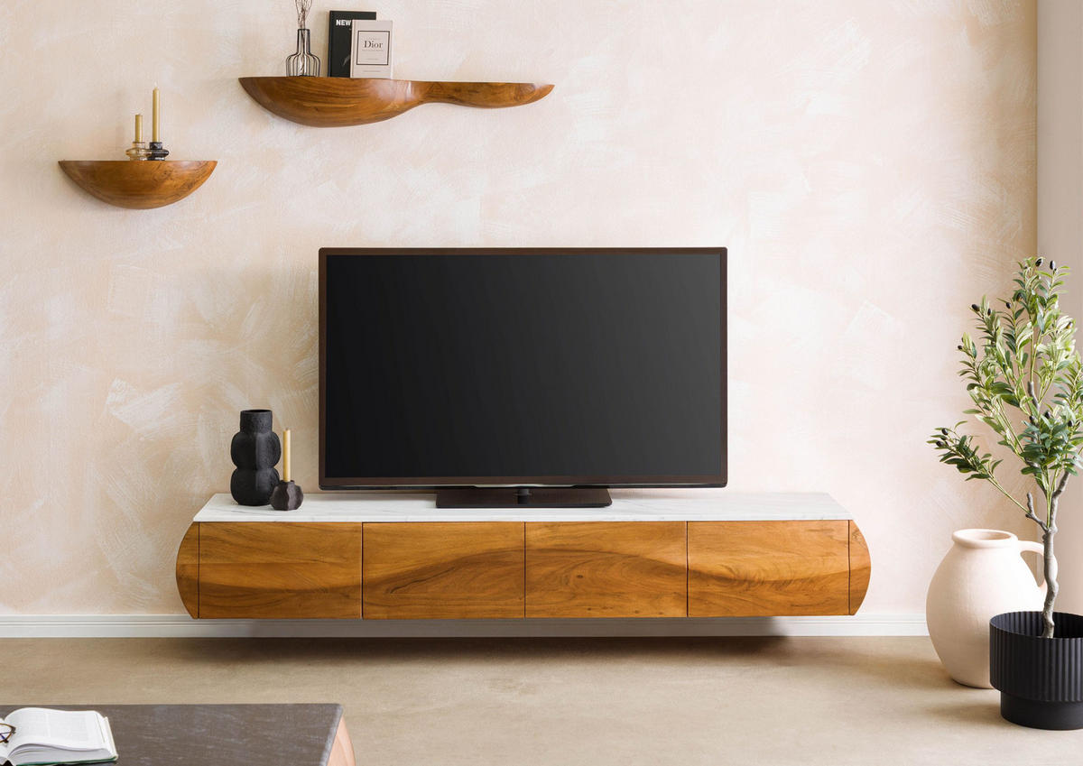 TV-BOARD Akazie 204x40x45 natur lackiert / Marmor weiß MONTREAL #124 - Naturfarben, Holz (40/45/204cm) - Massivmoebel24