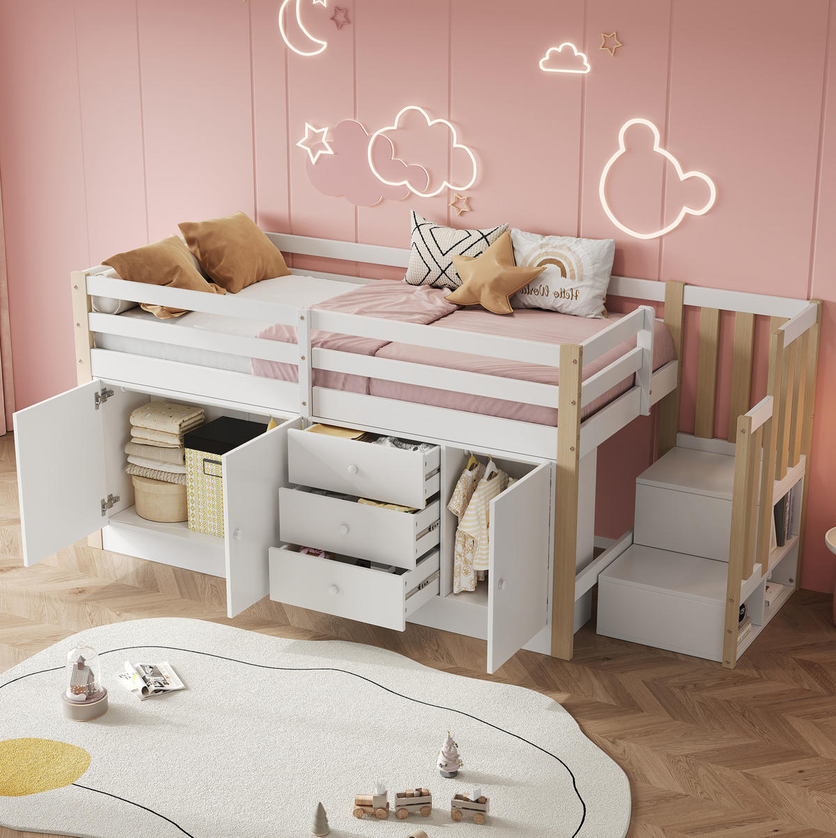 KINDERHOCHBETT 90/200 cm mit Treppe, Schubladen, 2 Schränken und Kleiderstange aus MDF, Weiß - Weiß, Holzwerkstoff (90/200cm) - Redom