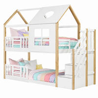 ETAGENBETT 90/200 mit Stauraumtreppe, Hausdesign und Fallschutz in Weiß und Natur - Weiß/Naturfarben, Holzwerkstoff (90/200cm) - EVRYAE