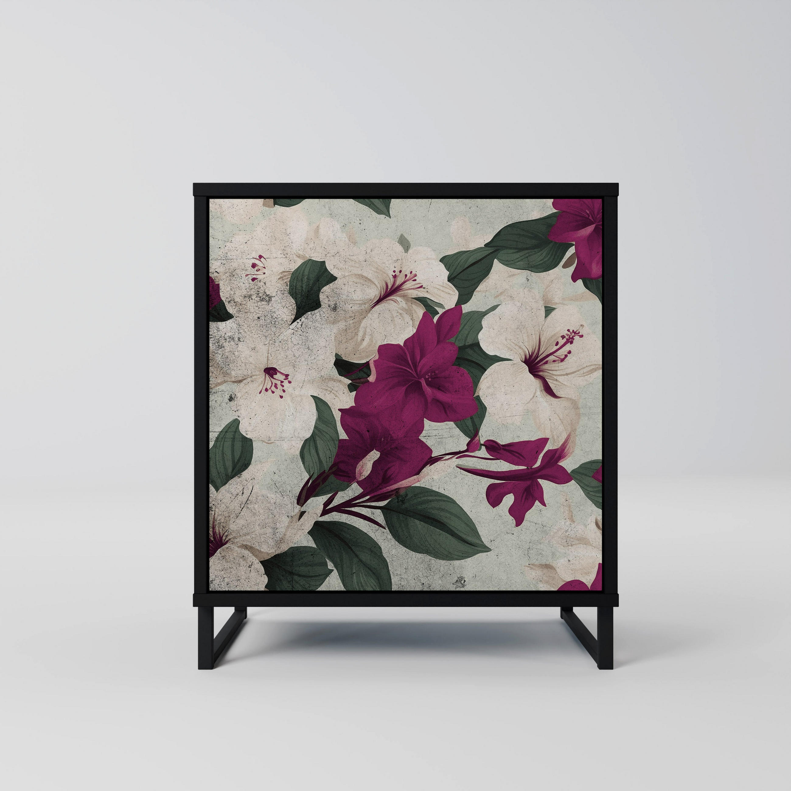 SIDEBOARD FLOWERET DREAM, Schwarz, 57,5x42x67,5 cm, Schwarze Metall-Rahmenfüße - Multicolor/Schwarz, Holzwerkstoff/Metall (57.5/67.5/42cm) - SpaceRebels