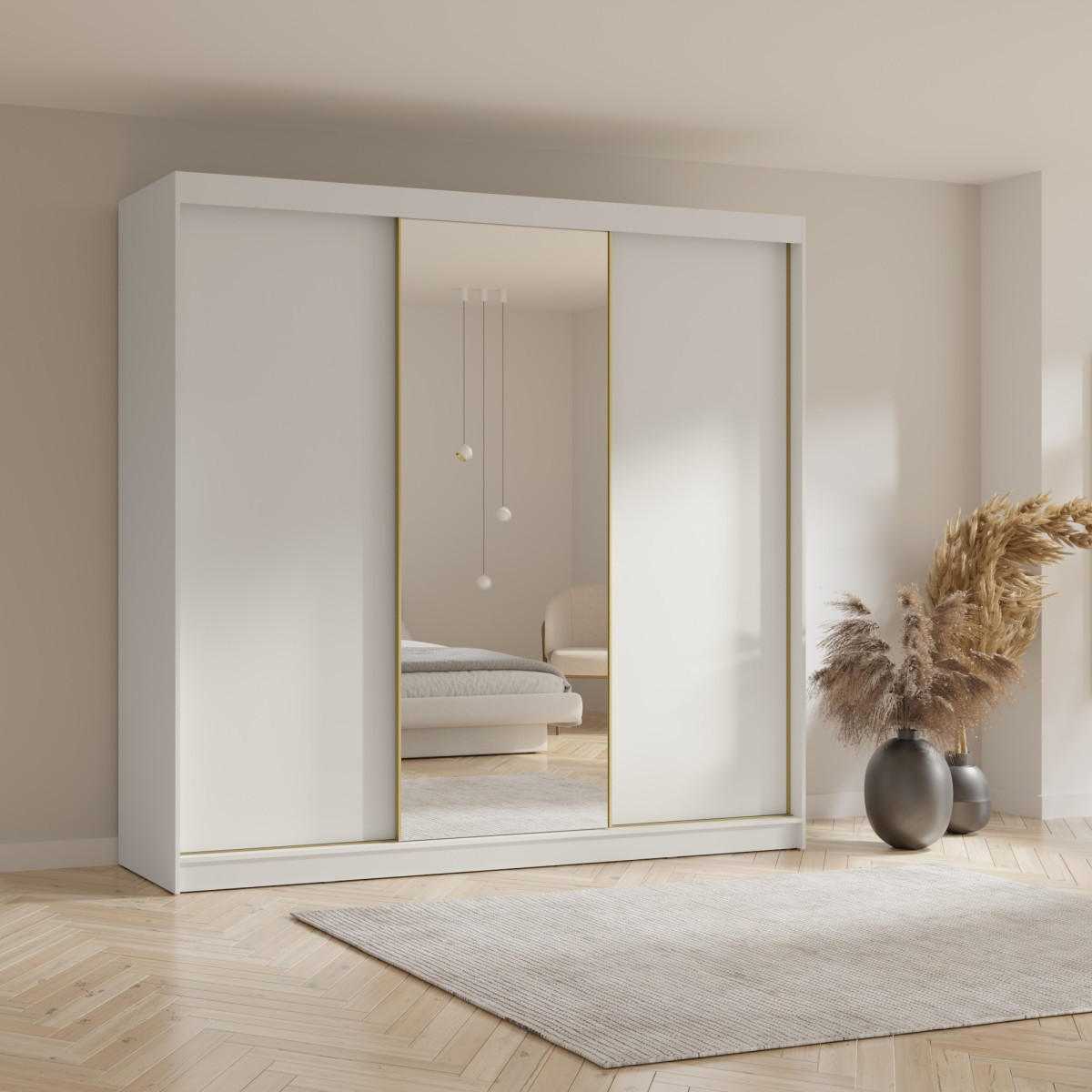 SCHWEBETÜRENSCHRANK mit Spiegel Fiore Plus 3D1L 250 Weiß/Gold - Goldfarben/Weiß, Holzwerkstoff/Metall (250/236/60cm) - mzm24