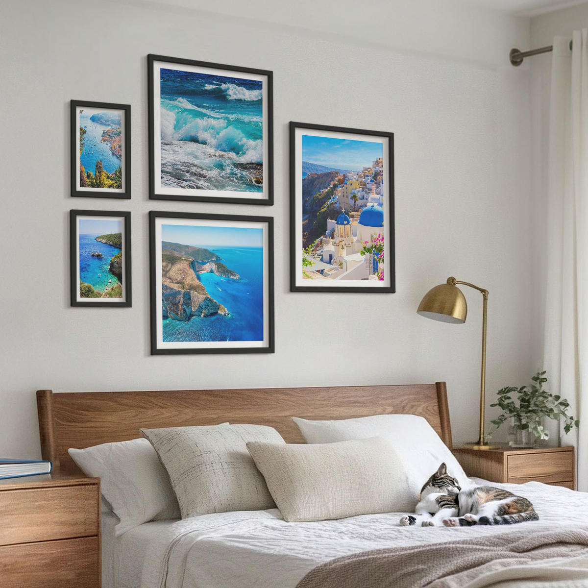 BILDER SET 5er Set - 50x50 cm & 20x30 cm & 40x60 cm Schwarzer Rahmen - Griechische Ansichten von Santorin Oia - Schwarz, Kunststoff (40/60cm) - TULUP