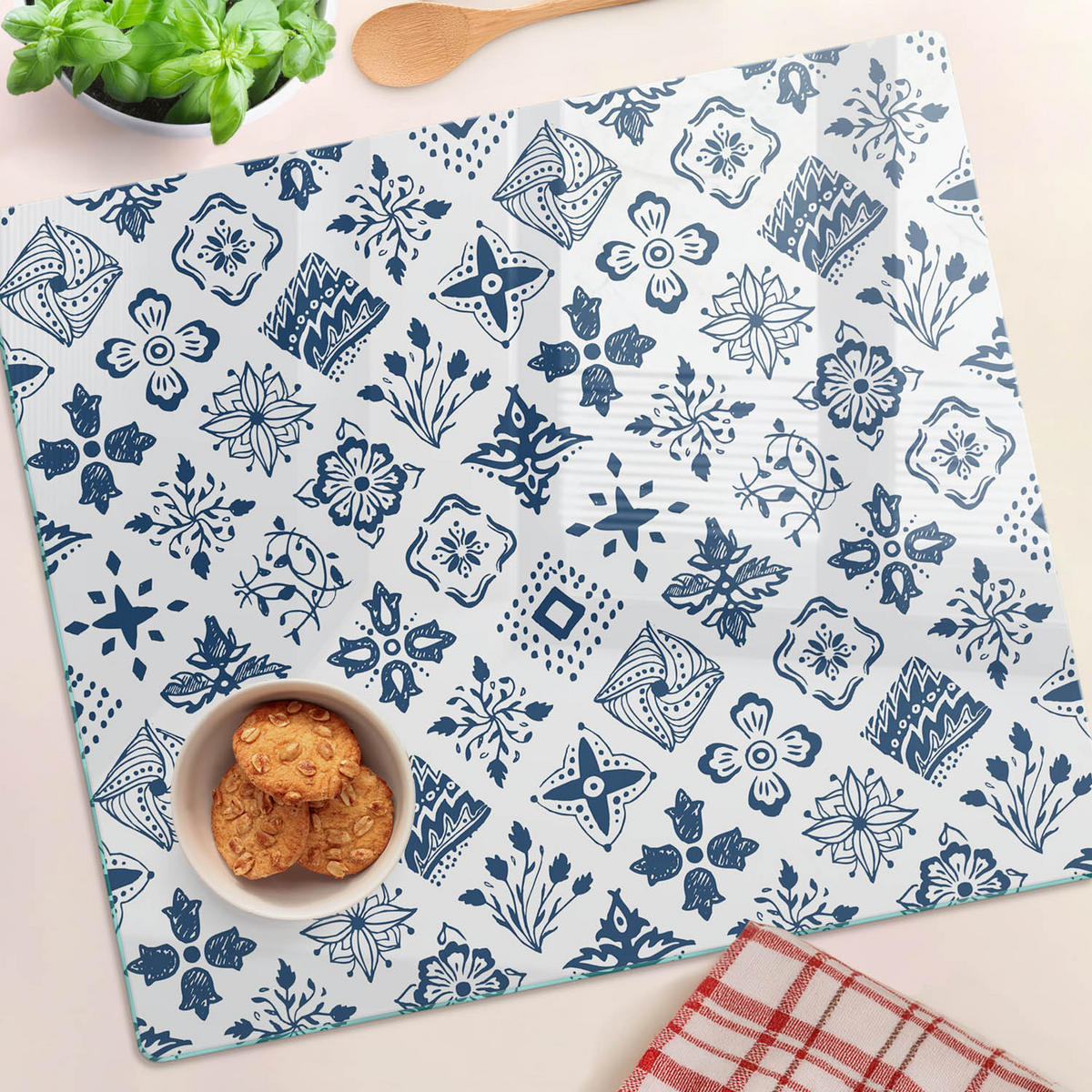 GLASPLATTE 60x52 cm Blumenmuster - Blau, Glas (60/0.4/52cm) - TULUP