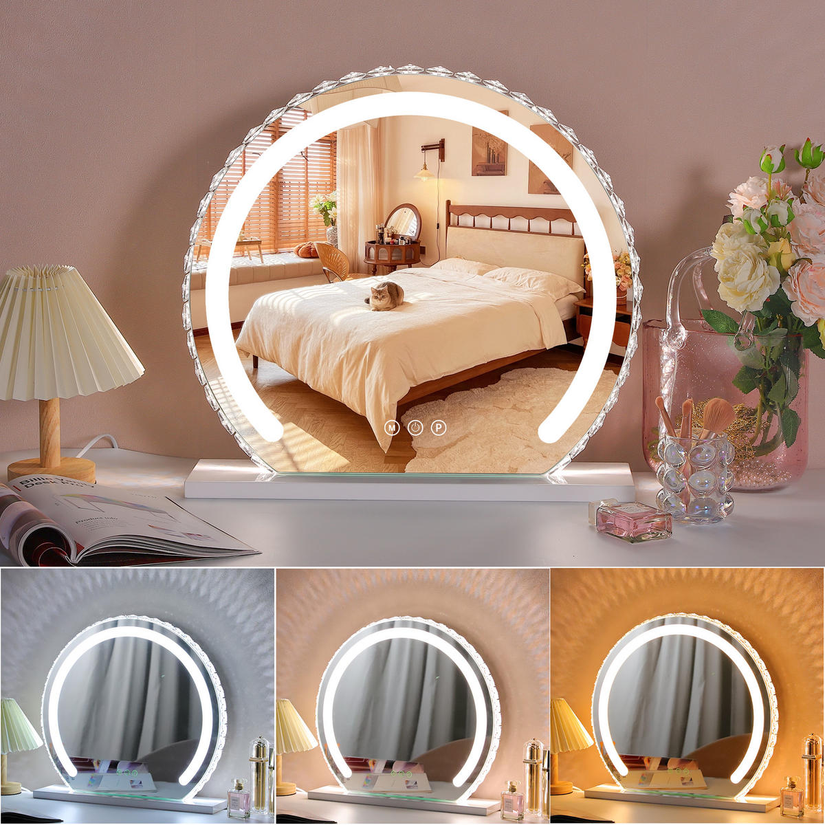 SCHMINKSPIEGEL mit Diamant LED Lichtleiste weiß 50/45cm - Weiß, Metall (50/45/3cm) - VANITII