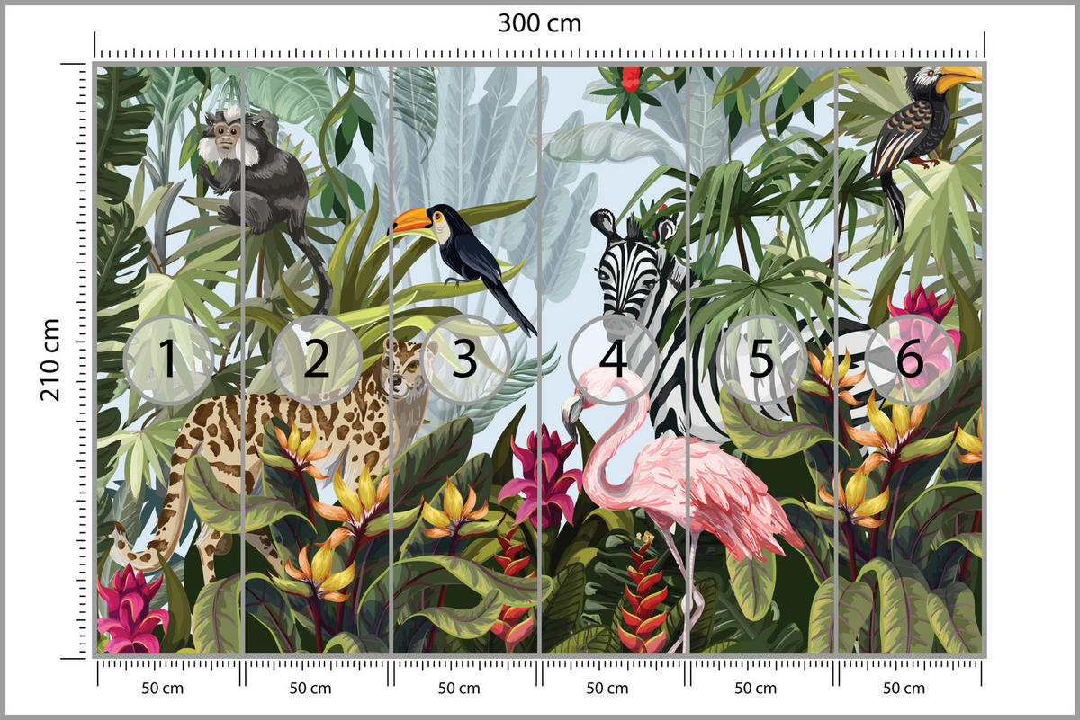 FOTOTAPETE für Kinderzimmer Tropische Pflanzen Tiere Flamingo Rippen 300x210 - Multicolor, Papier (300/210cm) - Muralo