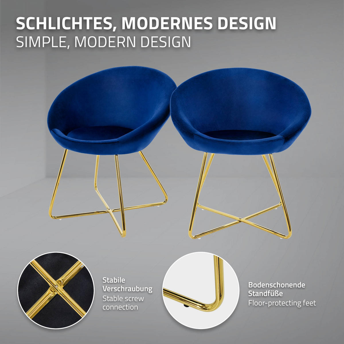 STUHL Samt blau - Blau/Goldfarben, Metall (58/74/65cm) - ML-DESIGN