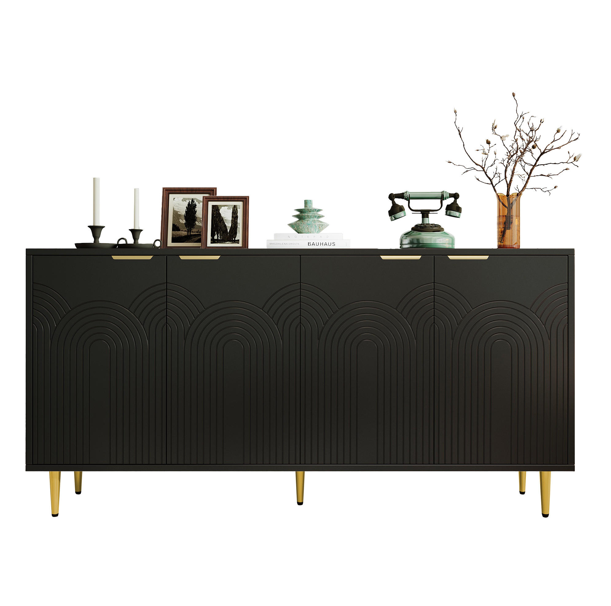 SIDEBOARD 160/40/80 cm mit 4 Türen, verstellbaren Einlegeböden und Soft-Close-Scharnieren, MDF/Spanplatte, Schwarz - Schwarz, Holzwerkstoff (160/80/40cm) - Redom