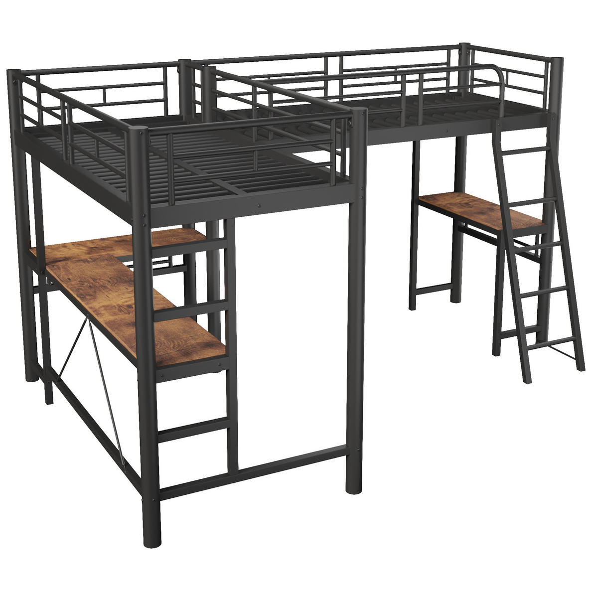 HOCHBETT aus Metall und MDF 90x200 cm Schwarz mit Schreibtisch und hoher Absturzsicherung - Schwarz, Holzwerkstoff (90/200cm) - Modfu
