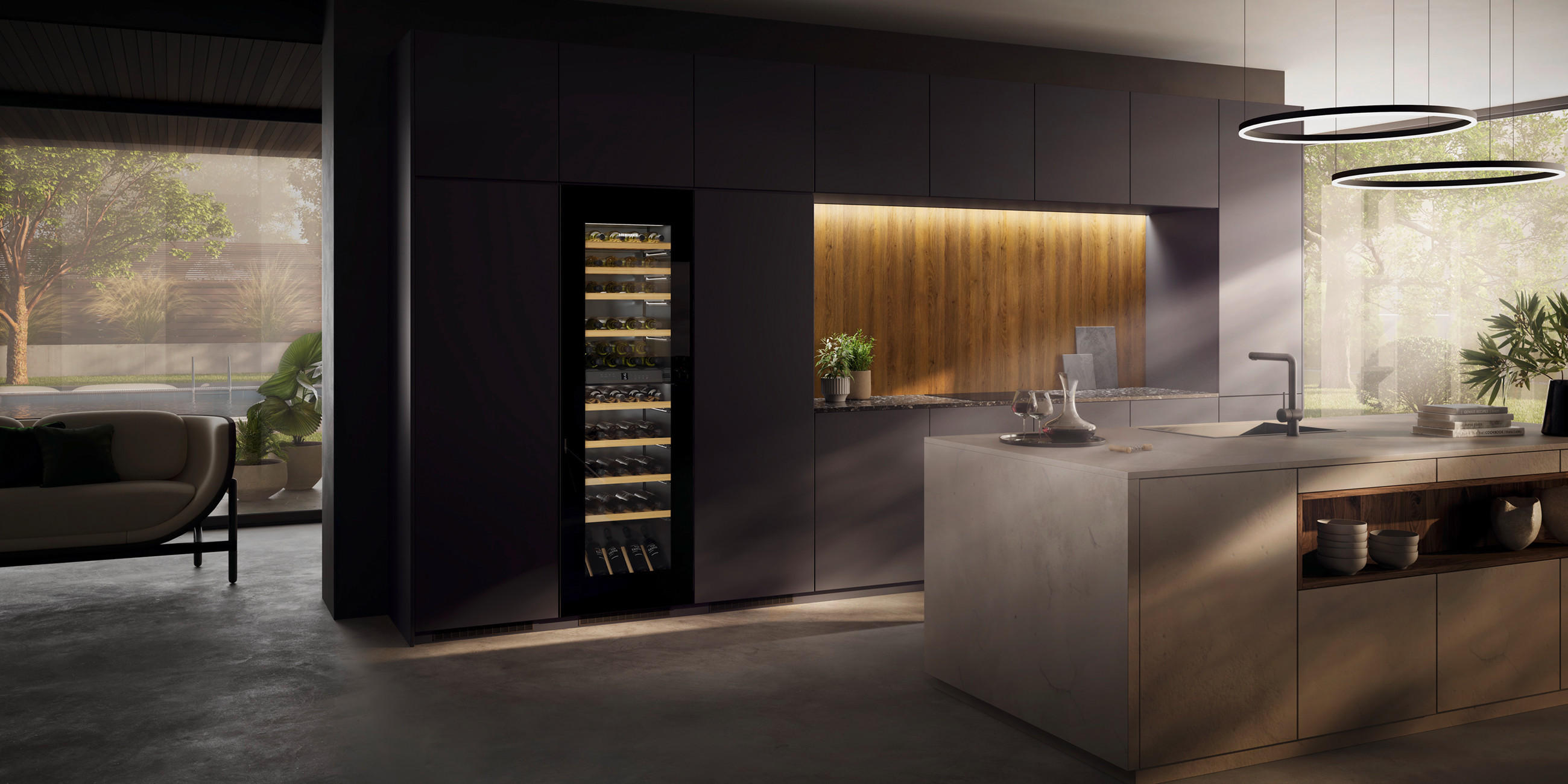 Einbau Weintemperierschrank von LIEBHERR in dunkler Design-Küche.