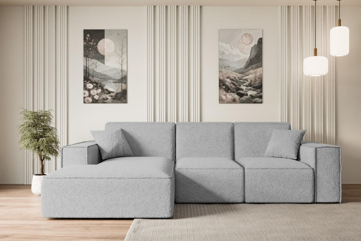 ECKSOFA Ottomane Links SERRA-L - 266x165x73 cm Hellgrau Bouclé - Hellgrau/Schwarz, Holzwerkstoff/Kunststoff (165/266cm) - ALTDECOR