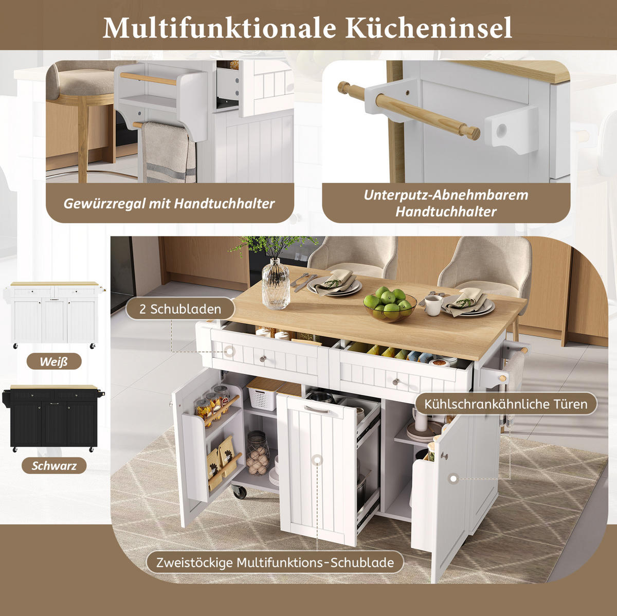 KÜCHENINSEL mit ausziehbarer Arbeitsplatte 140 x 40-70 x 92 cm Weiß/Natur - Weiß, Holz (40/92/140cm) - Beauniv