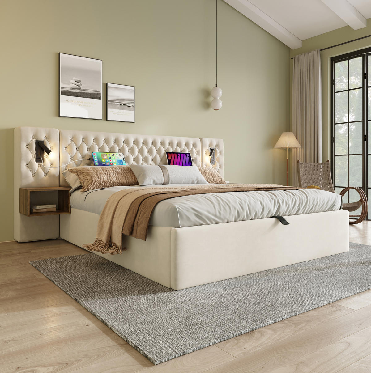POLSTERBETT 160/200 cm aus Samt mit 2 Nachttischen, Leselicht, USB/Type-C, Bettkasten und Matratze, Beige - Beige, Textil (160/200cm) - Redom