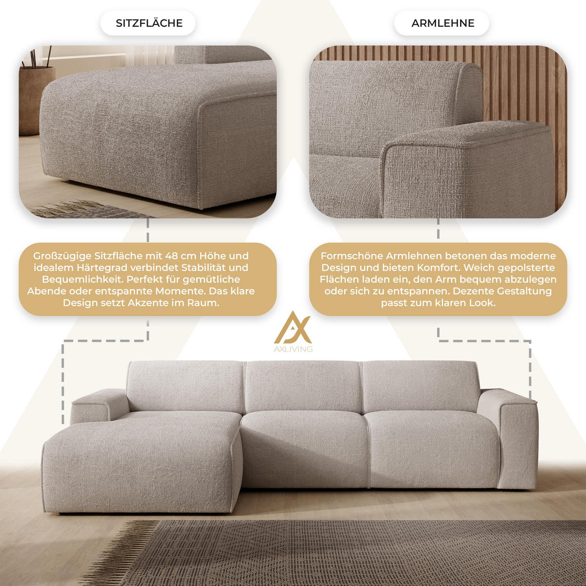 ECKSOFA L Form Didim mini Creme 310/165/78 cm – stilvolle kleine Eckcouch L - Creme/Schwarz, Kunststoff/Textil (165/310cm) - AX Living