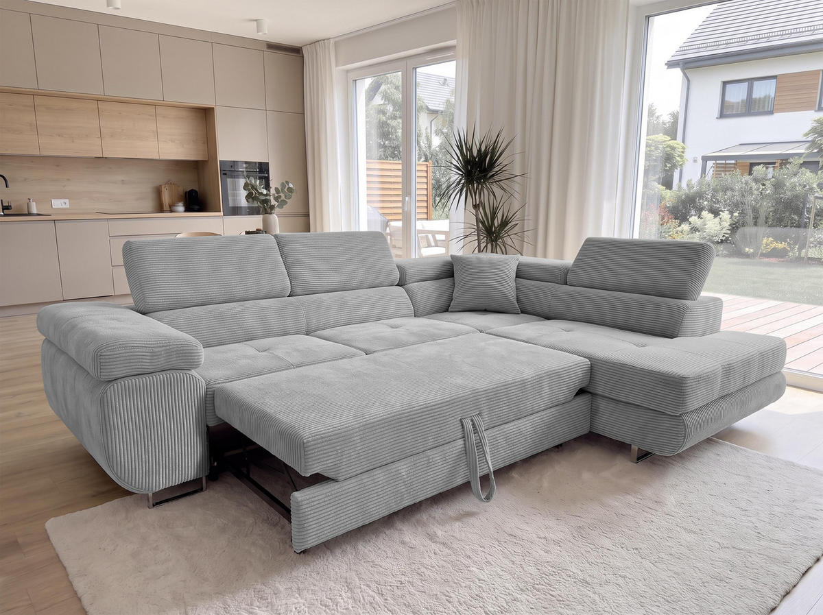 ECKSOFA L Form Konak Hellgrau 276/201/90 cm Rechts mit Schlaffunktion - Silberfarben/Hellgrau, Textil/Metall (276/203cm) - AX Living