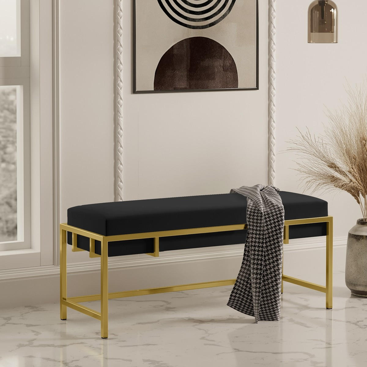 POLSTERBANK LAMO 80 cm Schwarz, Goldenes Gestell, Samtstoff - Goldfarben/Schwarz, Textil/Metall (80/45/35cm) - Bettso