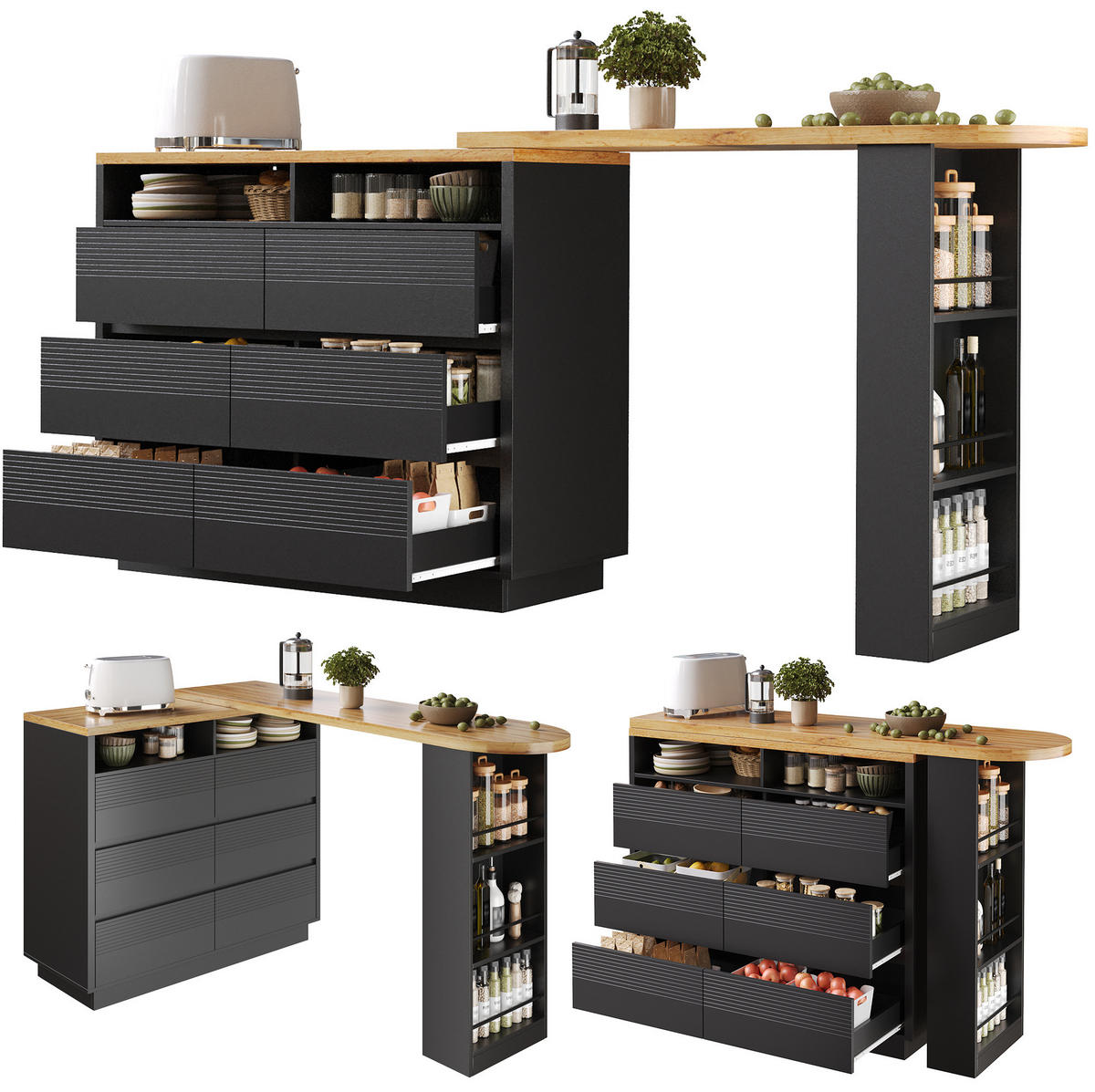BARTISCH ausziehbar 137-215 x 39 x 102,3 cm MDF Schwarz mit 6 Schubladen - Schwarz, Holzwerkstoff (39/102.3/215cm) - Meubliv