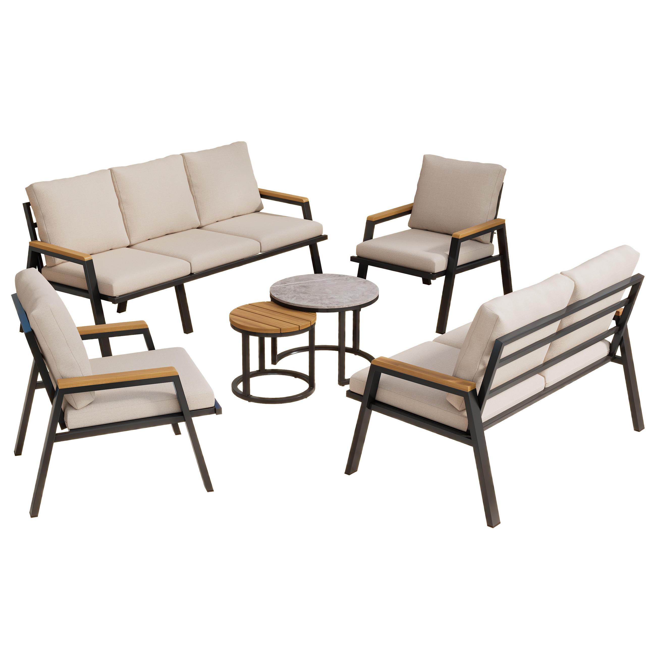 GARTENLOUNGE-SET Sofa Sessel 2 Tische Stahl Glas Graubeige - Grau, Textil - FLIEKS