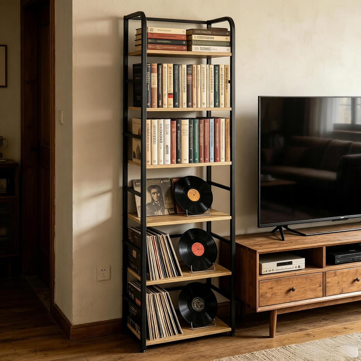 BÜCHERREGAL Schwarz/Eichefarben 6 Ablageflächen 50/30/176 cm - Schwarz, Holzwerkstoff (50/176/30cm) - PANGIVO