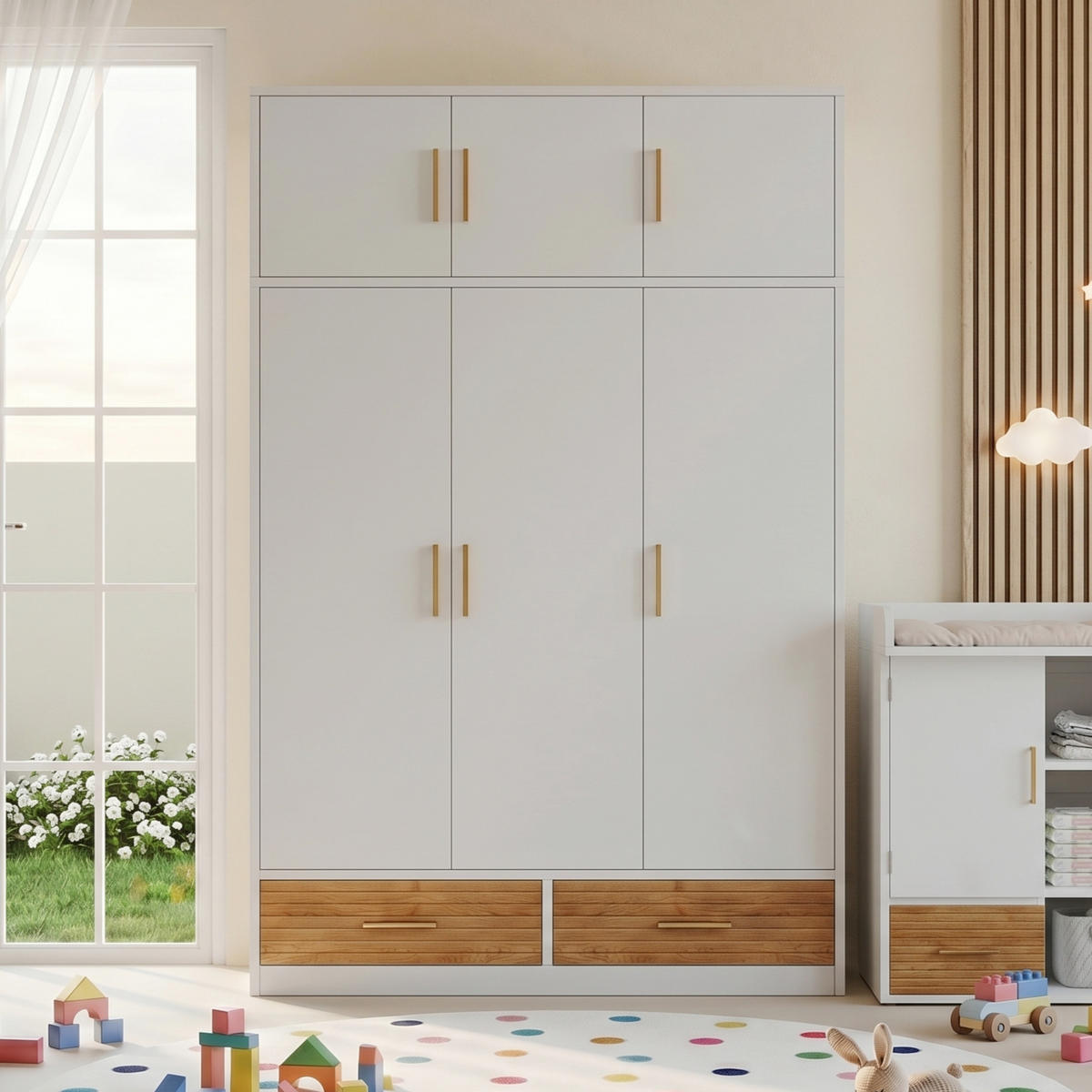 KINDERKLEIDERSCHRANK 120x50x180cm Weiß mit Oberfach und Schubladen - Weiß, Holz (61.6/13.49/133.3cm) - Raelunyi