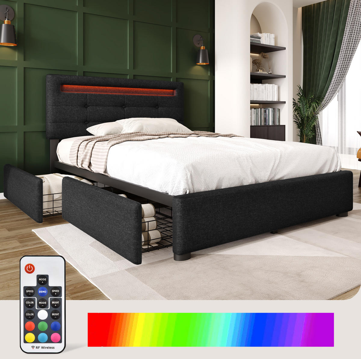 POLSTERBETT 90/200 cm Schwarz aus Leinen mit LED-Beleuchtung und 2 Schubladen - Schwarz, Textil (90/200cm) - OKMYHOME