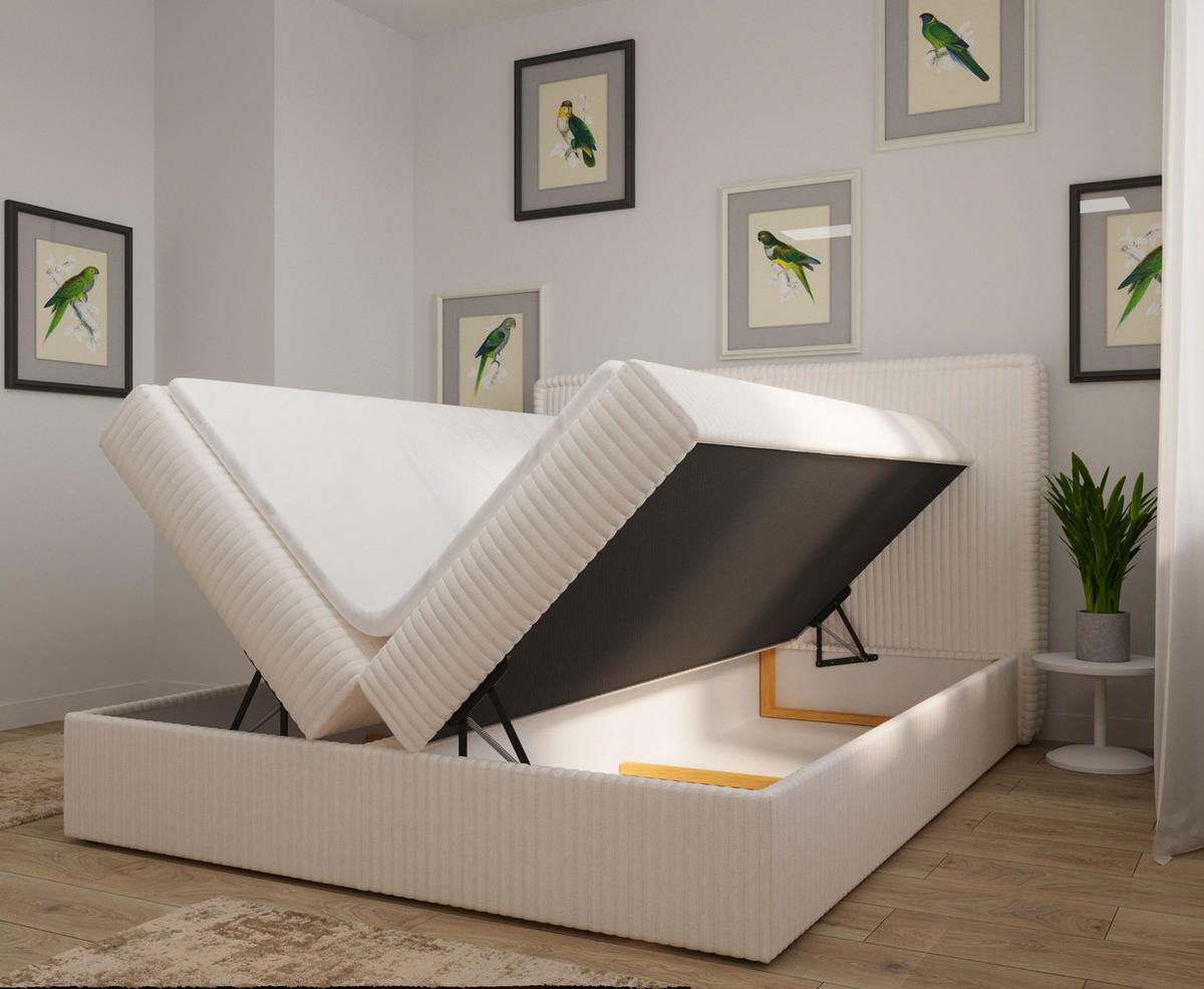 BOXBETT 04 180 x 200 cm - Ambience – Modernes Polsterbett mit Bettkasten, Topper und gepolstertem Kopfteil, Stoffbezug, Stauraumbett - Creme, Holz (180/200cm) - ROYAL24_MARKT