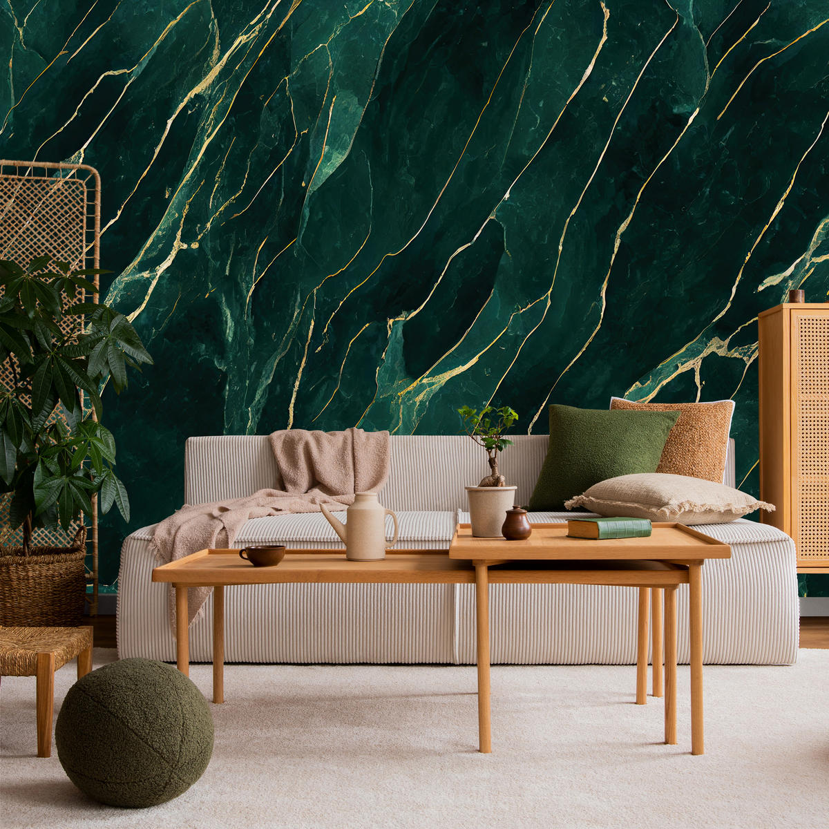 FOTOTAPETE für Wohnzimmer Eleganter Grüner Marmor Goldimitation 250x175 - Türkis/Grün, Papier (250/175cm) - Muralo