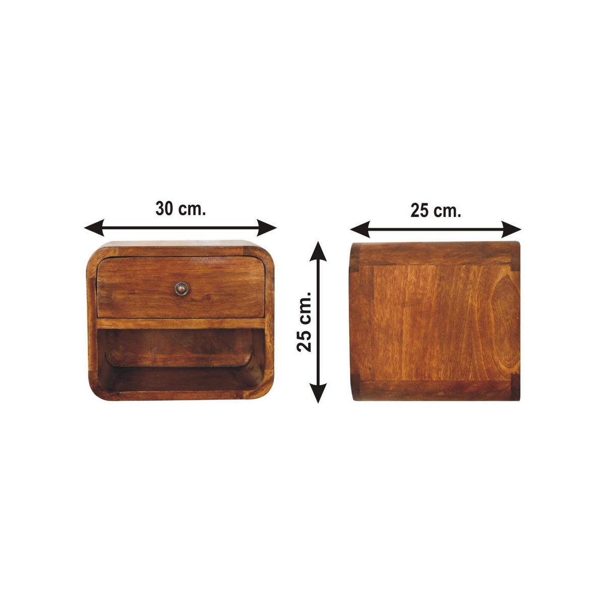 NACHTTISCH mit einer Schublade, wandmontierbar - Kastanienfarben/Messingfarben, Holz/Metall (30/25/25cm) - Artisan Furniture