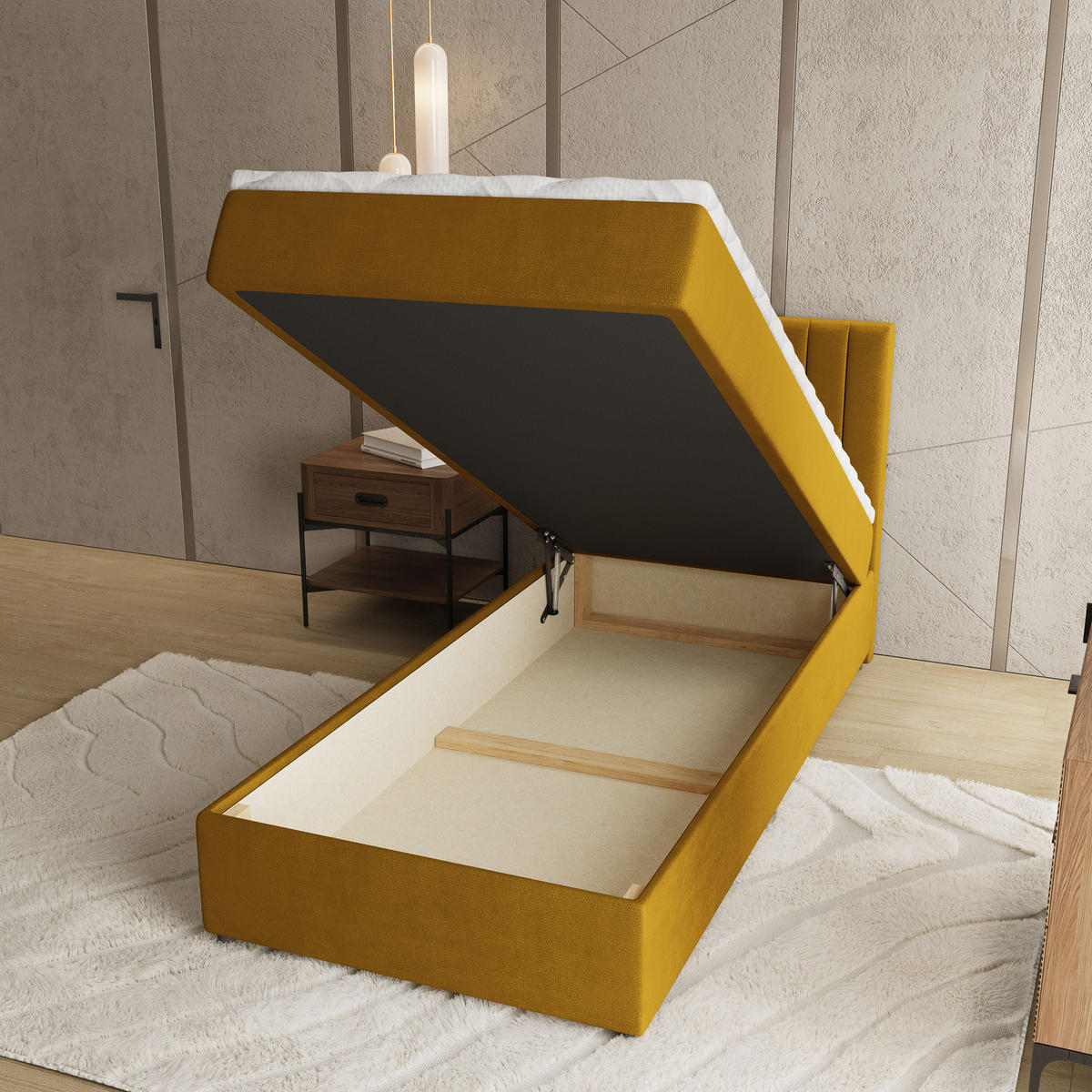 BOXBETT BRESEL 80 80x200 cm mit Matratze und Topper, H2+H3 - Gelb - Gelb, Holz (80/200cm) - MASSENO