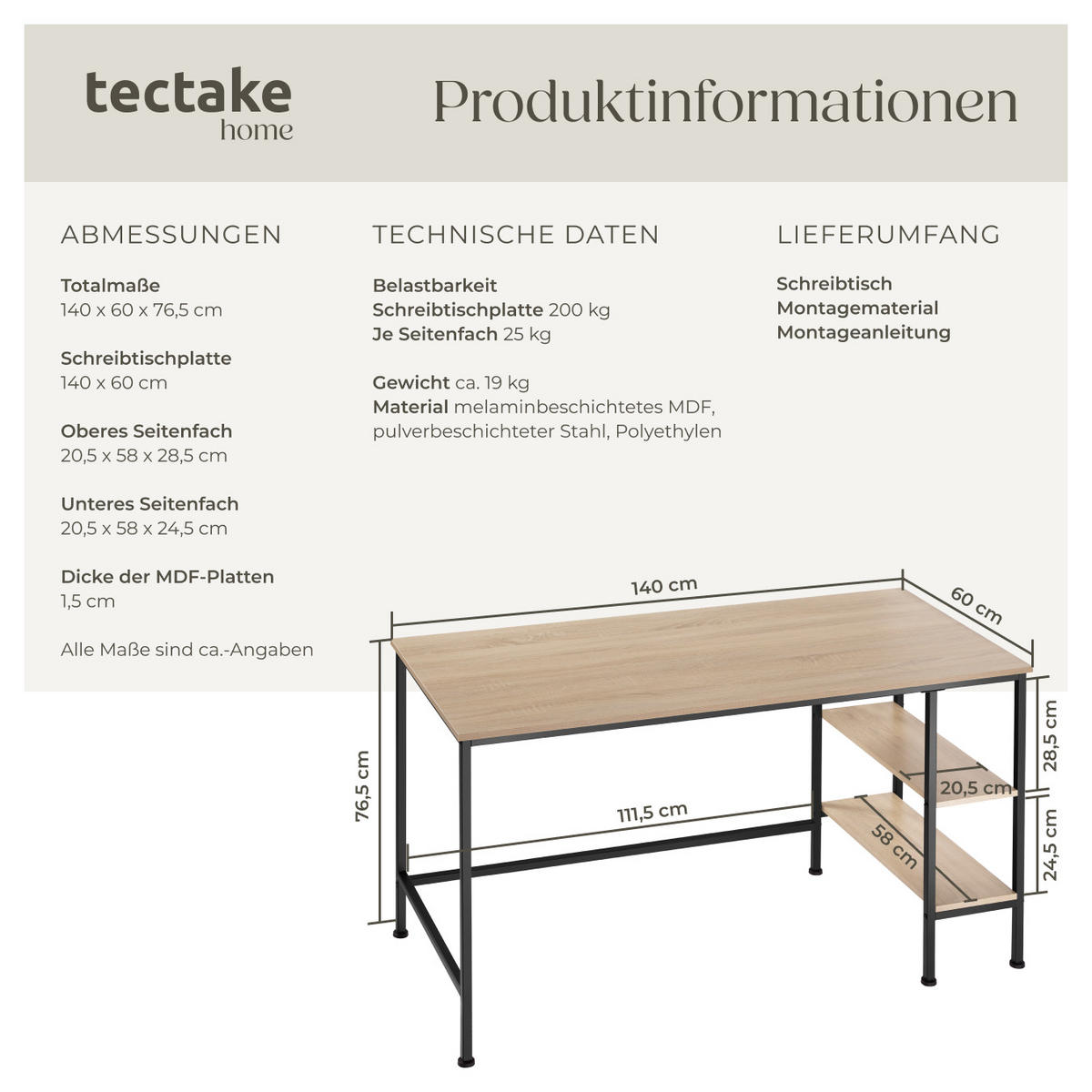 SCHREIBTISCH Donegal,140 x 60 x 76,5 cm,Industrial Holz hell, Eiche Sonoma - Naturfarben, Holz (140/60/76.5cm) - tectake