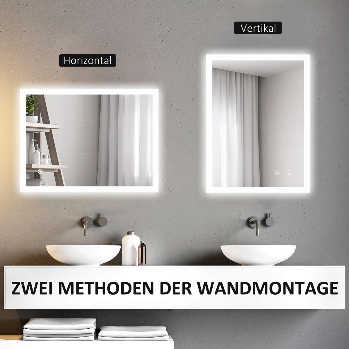 BADSPIEGEL, Badezimmerspiegel mit LED-Beleuchtung, Memory-Funktion, 80 x 60 cm - Silberfarben, Glas (60/3/80cm) - Kleankin