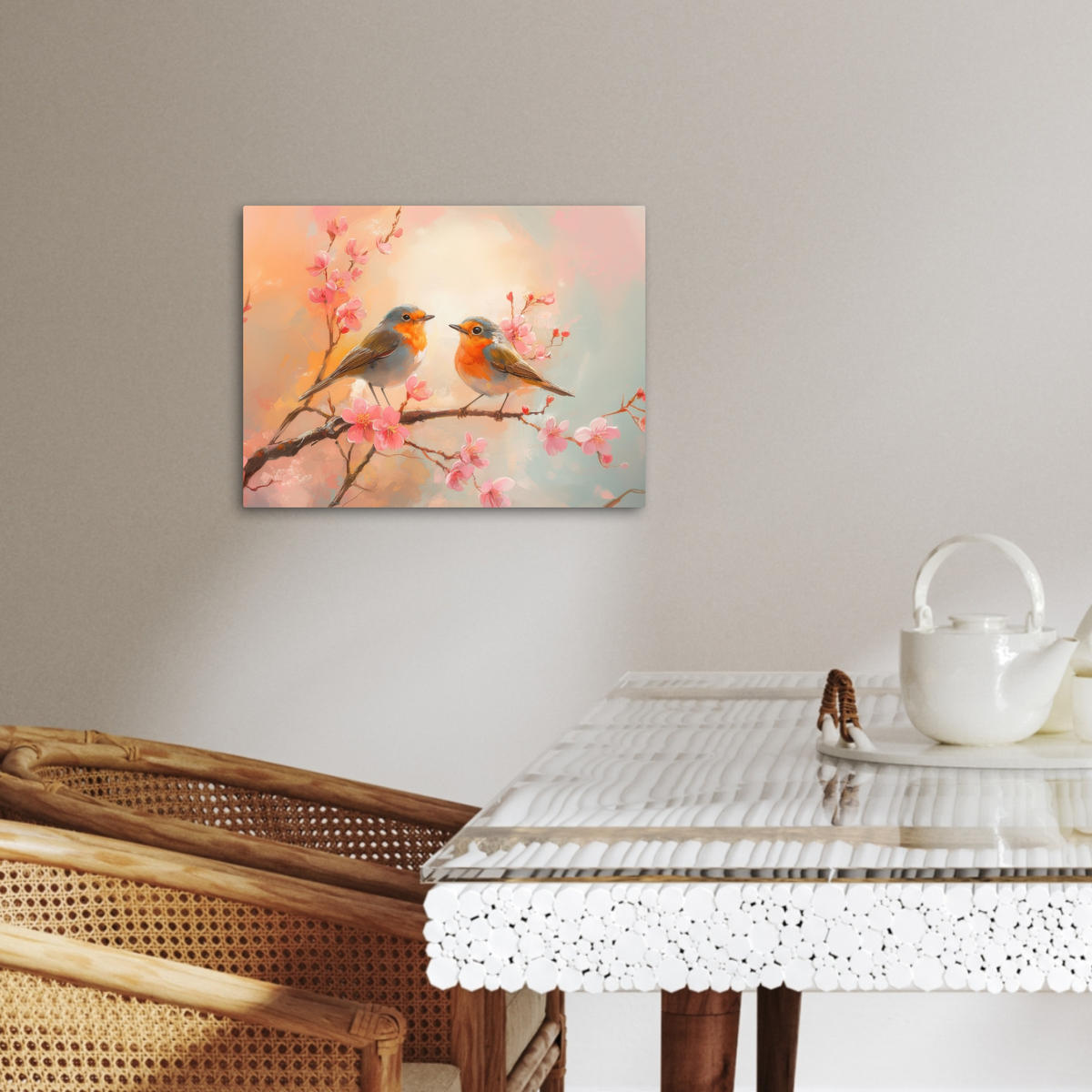 LEINWANDBILD Rotkehlchen - Zierpflanze - Blütenzweig 40x30 cm - Hellrosa, Textil (40/30cm) - MuchoWow
